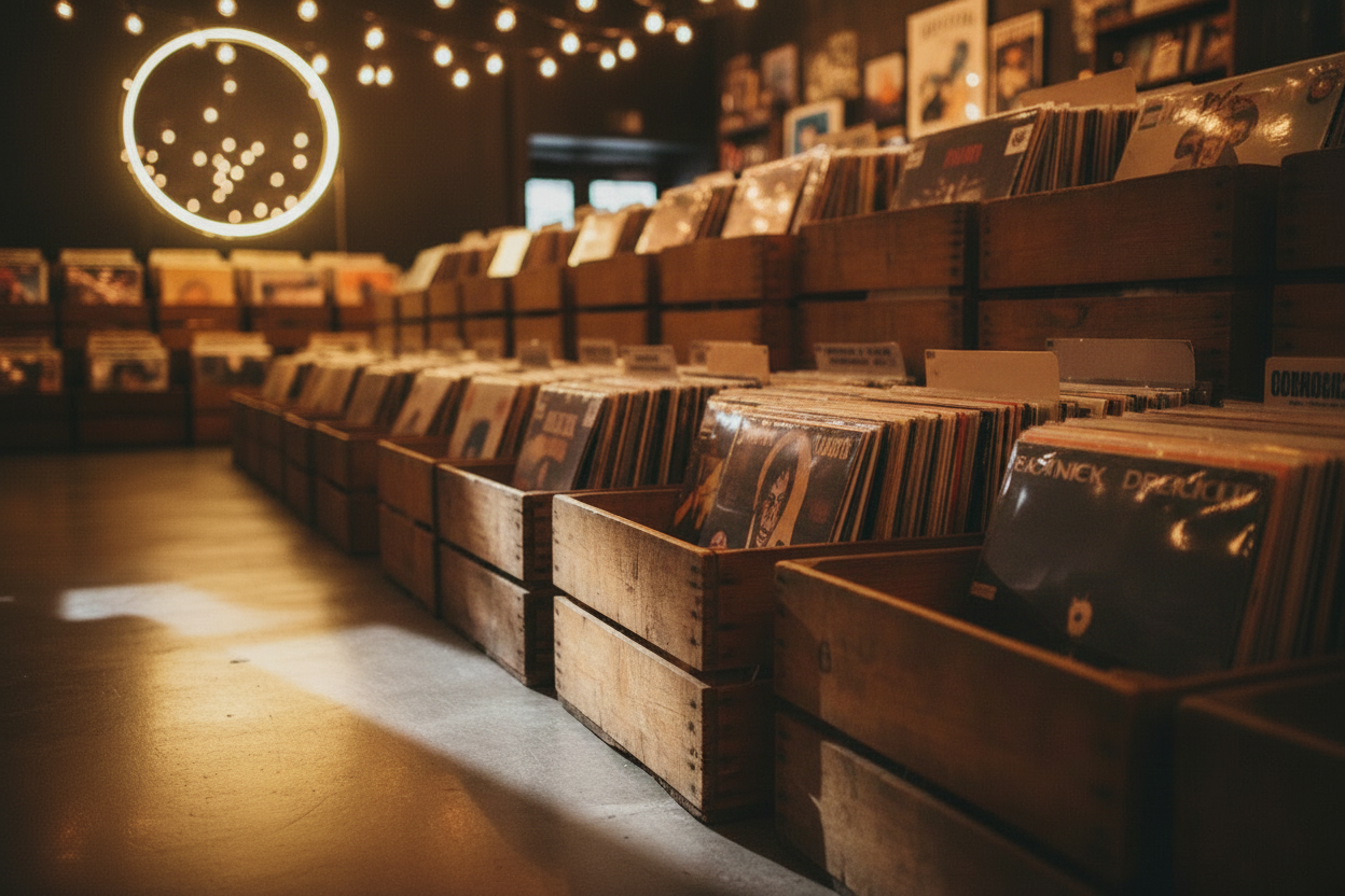 Vinyl records in crates, no logo